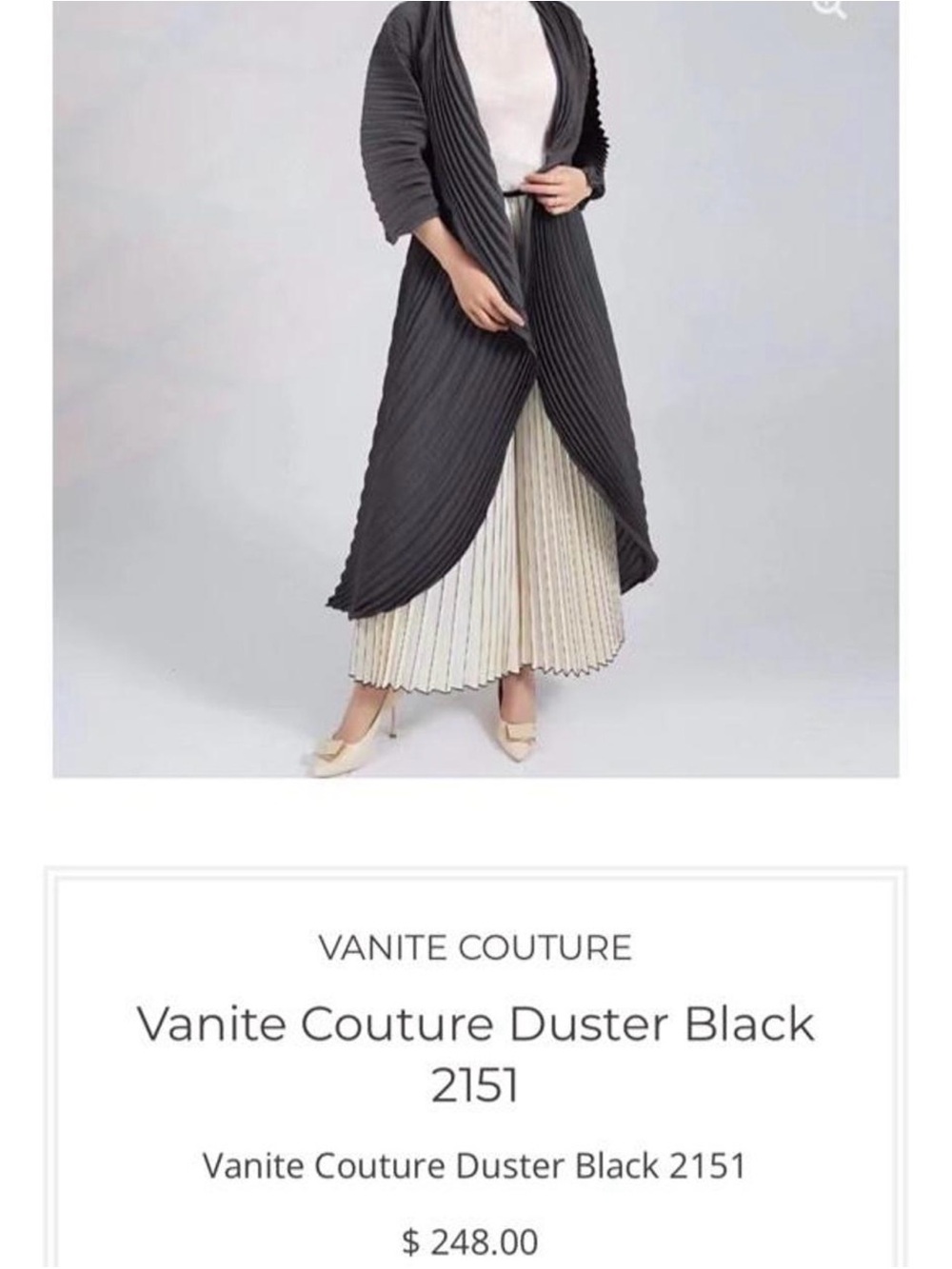 Vanite Couture Black Pleated Open Front Duster Cardigan Jacket OS